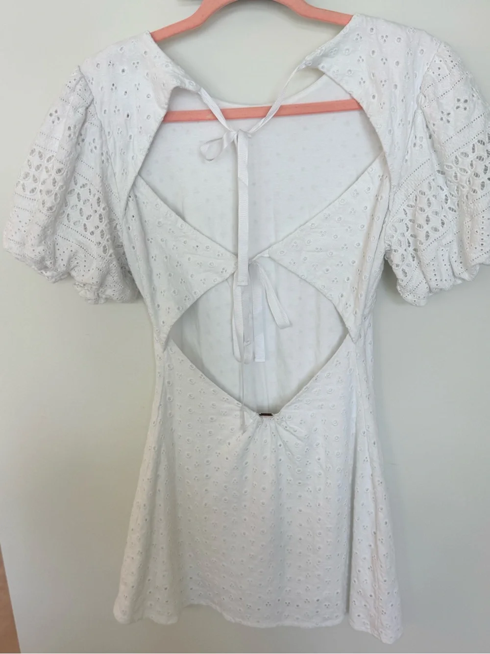 Free People White Eyelet Mini Dress with Puff Sleeves
